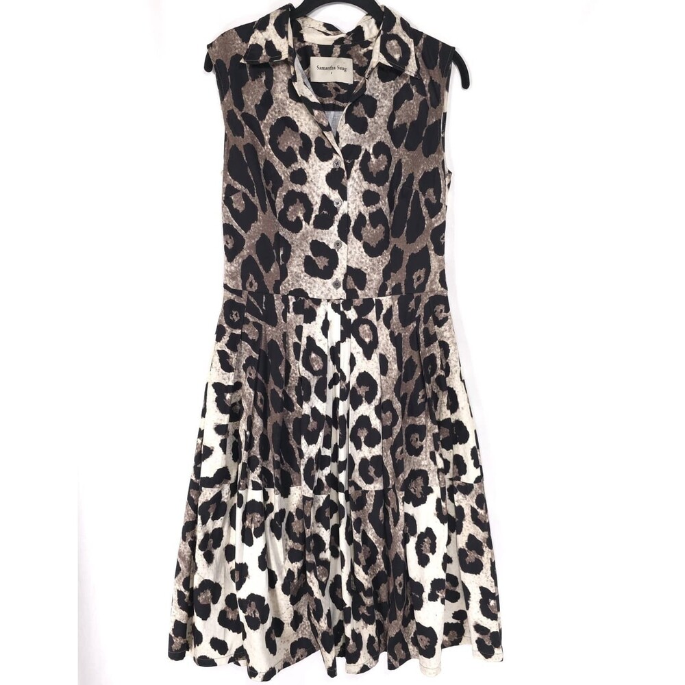 SAMANTHA SUNG Womens Shirt Midi Dress 8 Sleeveless Leopard Print Flare A-Line